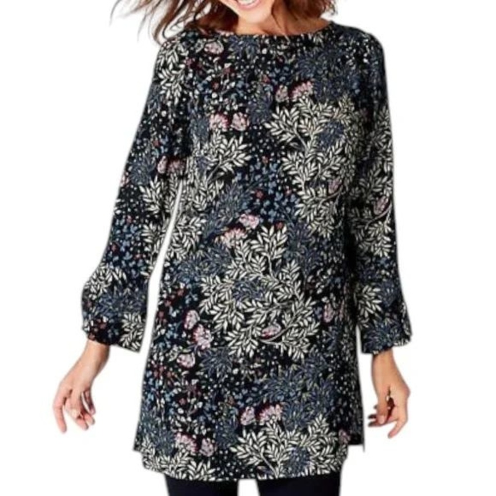 J. Jill Navy Floral Long Sleeve Tunic Dress